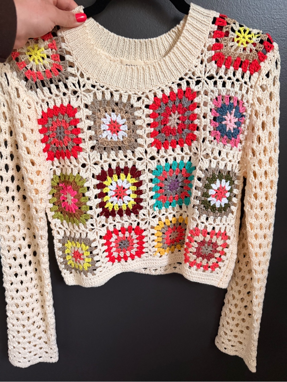 Crochet Sweater - Cream with Multicolor Squares - Picture 2 of 2